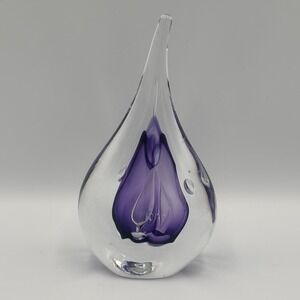 Adam Jablonski Poland Paperweight Glass Teardrop Shaped Clear/Purple Paperweight